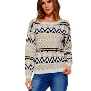 Geometric Two-Toned Crew-neck Knit Sweater